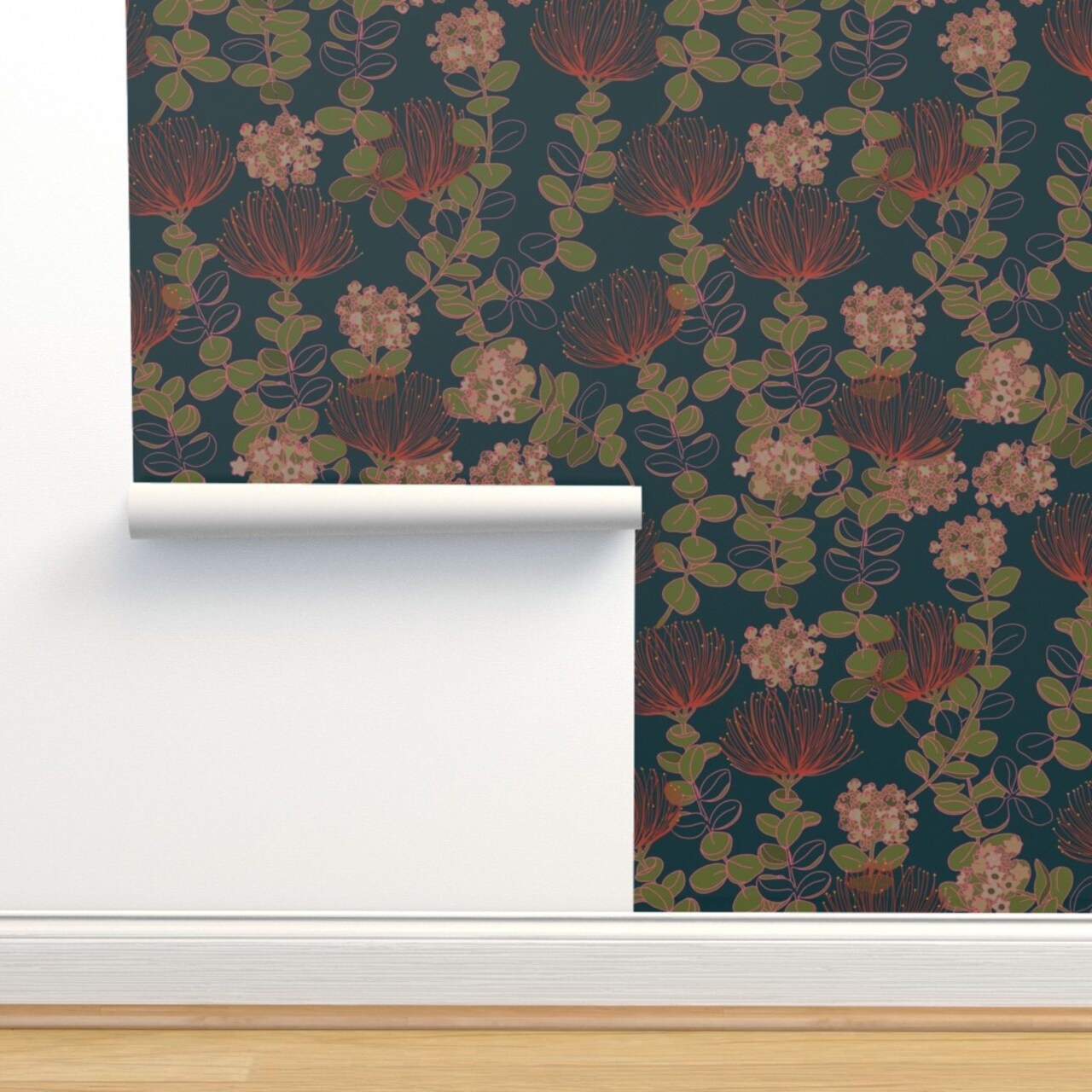 Dark Botanical Hawaii Hawaiian Floral Flowers Red Teal Moody Tropical Custom Pre-pasted Wallpaper by Spoonflower Pre-Pasted Wallpaper 2FT Wide
